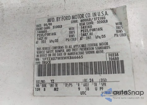 1998 Ford F-150 Lariat/Xl/Xlt z USA, uszkodzony, nr VIN 1FTZX07WXWKB66665